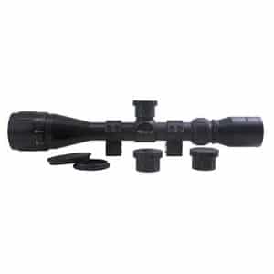 Black rifle scope with adjustment turrets and lens caps on a white background, ready to mount on a rifle.