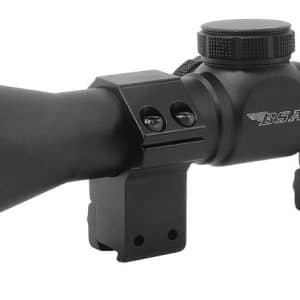 Long-range rifle scope with two front and rear mounting rings on a rail, black matte finish, adjustable turrets and zoom eyepiece