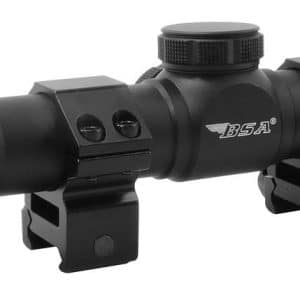 Black rifle scope with two mounting rings and sunshade, labeled BSA Optix, shown in side view
