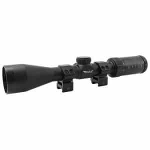 Black riflescope with adjustable turrets and sunshade mounted on two rings, shown on a white background for precision aiming use.