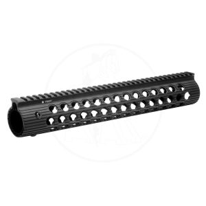 Black TROY quad-rail handguard for an AR-style rifle, featuring circular vent holes along its length and top rails for mounting accessories.