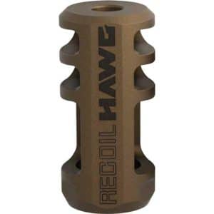Brown anodized gun accessory (muzzle device) with multiple side cutouts and 'RECOIL' branding visible from top, shown isolated.