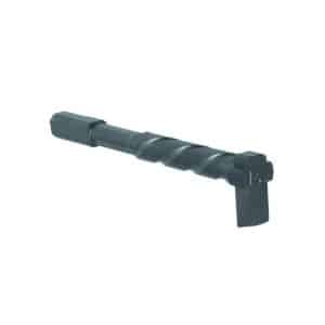 Right-angle drill bit with twisted flutes and a perpendicular head designed for use in tight spaces (black metal tool).