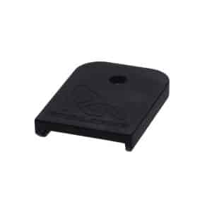 Small black plastic mounting plate with a centered hole for attaching components
