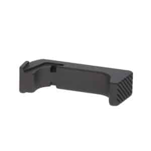 Black plastic handheld tool with a curved, ergonomic body and a ribbed end. Likely a grip/clip component for assembly or adjustments.