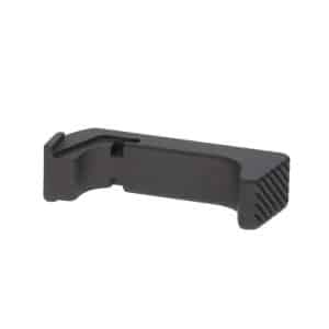 Black plastic mounting clip with a ribbed gripping end on the right side, used to hold or secure a component