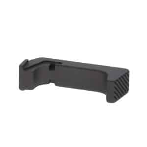 Black plastic clip/lever-style component with a curved body and serrated tip on the right side, likely a grip tool part.