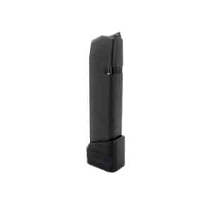 Black pistol magazine with a curved bottom base, standing upright on a white background.