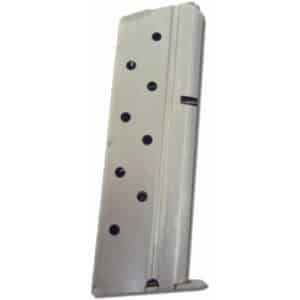 Semi-automatic pistol magazine with round-count holes visible on the body.