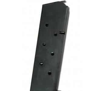 Black curved detachable pistol magazine with round-count holes along its side and feed lips at the top