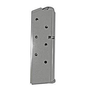 Metal magazine for a semi-automatic pistol with side holes, shown upright.