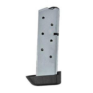 Silver metal pistol magazine with a black bottom plate.