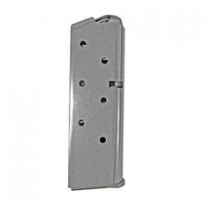Metal handgun magazine shown from the side with round-count holes visible, used to feed bullets into a semi-automatic pistol.