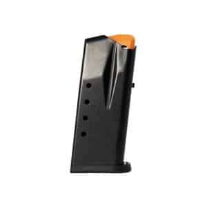 Black handgun magazine with an orange follower, shown upright with numbered load holes (4, 6, 8, 10).