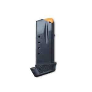 Black handgun magazine with an orange follower, shown against a white background, with visible round-count holes on the side.