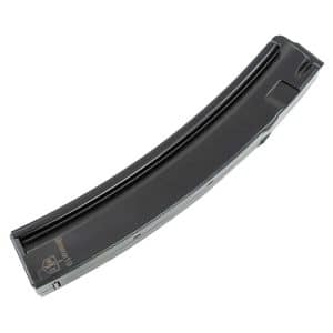 Black curved firearm magazine shown at a diagonal angle (detachable gun magazine)