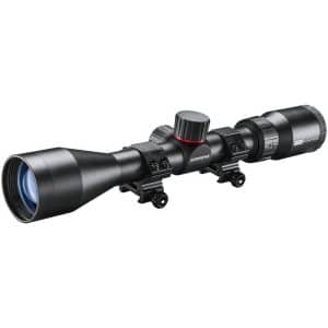 Rifle scope with adjustment turrets and mounting rings, angled to the right against a white background