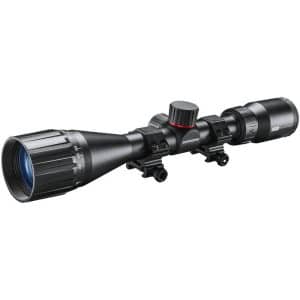 Black rifle scope with mounting rings and adjustment turrets for precision aiming.