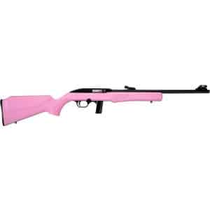 Side view of a pink bolt-action rifle with a black barrel and minimal fittings