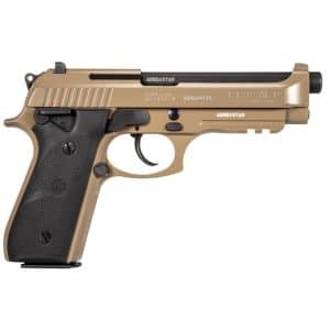Tan semi-automatic pistol seen from the left side with a black textured grip and trigger visible.