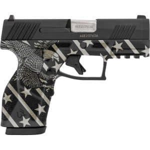 Side view of a compact semi-automatic pistol with a black and gray American flag star pattern on the slide and grip edge.