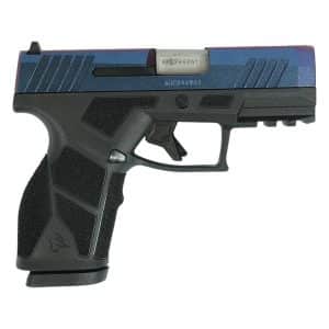 Pistol-style handgun replica with a blue metallic slide and textured black grip, shown in side view.