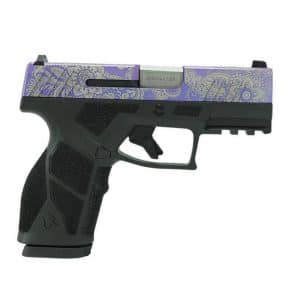Handgun with a purple floral-pattern slide and black grip, shown in profile from the left side.