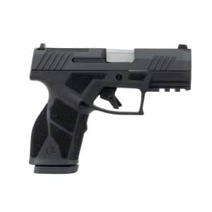 Side profile of a black semi-automatic pistol with a textured grip and angular frame.
