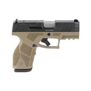 Side view of a tan polymer-frame semi-automatic pistol with a black slide and textured grip.