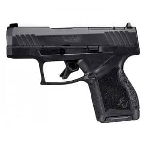 Black semi-automatic handgun with a textured grip viewed from the side.