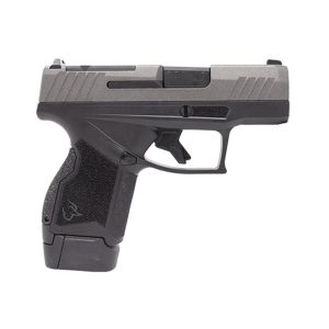 Compact black semi-automatic pistol shown in profile with textured grip and silver slide