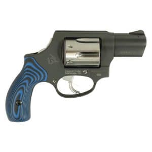 Blue-grip revolver with a stainless steel cylinder shown in profile (product shot).