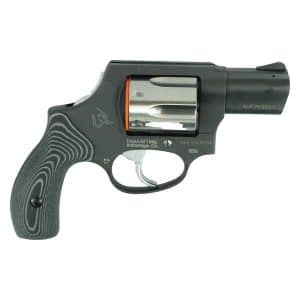 Compact snub-nose revolver with black frame, chrome cylinder, and textured grip on a white background.