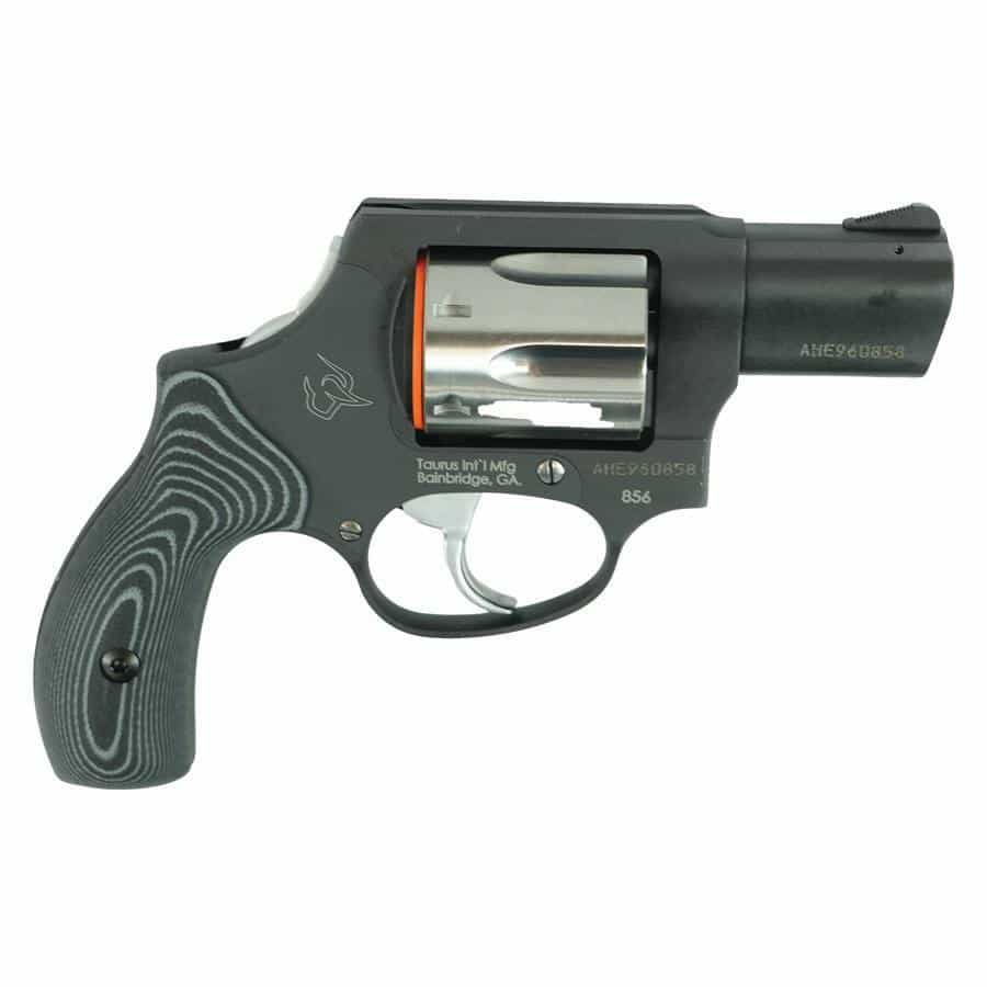 Compact snub-nose revolver with black frame, chrome cylinder, and textured grip on a white background.