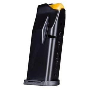 Pistol magazine with black body and yellow follower, standing upright with base plate visible, marked Made in Italy