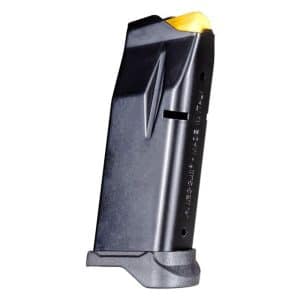 Pistol magazine standing upright with a yellow follower at the top, dark gray body and baseplate visible (gun ammunition magazine).