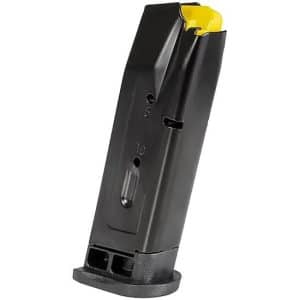 Black handgun magazine with a yellow follower seen from the side, angled upright on a white background