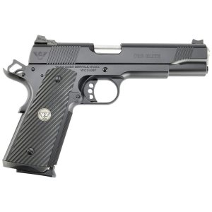 Side view of a black semi-automatic pistol with a textured grip and silver trigger, shown from the left side