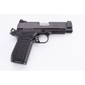Side view of a black and gray semi-automatic pistol on a white background, featuring a textured grip and silver slide.