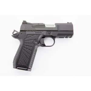 Full side view of a black semi-automatic pistol with a diamond-pattern grip and slide details visible on a white background.