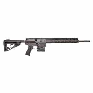 Black semi-automatic rifle with adjustable stock and long handguard, featuring a Picatinny rail and muzzle at right end.