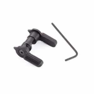 Black adjustable clamp with a grooved rubber grip and locking lever, shown with an L-shaped hex key used to tighten or adjust equipment