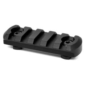 Black Picatinny rail segment with six slots for mounting accessories on a firearm or attachment system