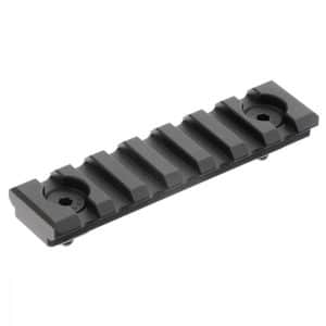 Black Picatinny rail segment with seven slots and end mounting holes for accessory attachment
