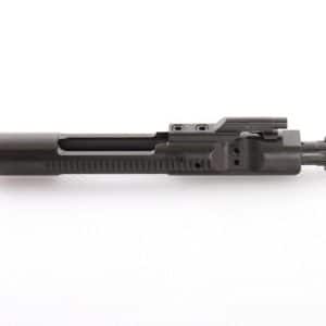 Black firearm component laid horizontally on a white background (gun bolt/receiver assembly) for scale or product display