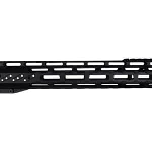 Long black free-floating rifle handguard with vented M-LOK slots and front mounting section