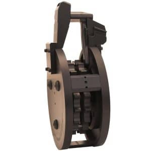 Hand-operated chain tensioning tool with a circular body and adjustable jaws in a dark metal finish.