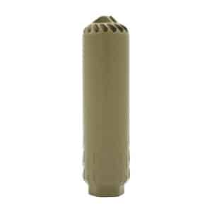 Tan cylindrical firearm suppressor (silencer) standing upright against a white background, with perforated muzzle at the top.