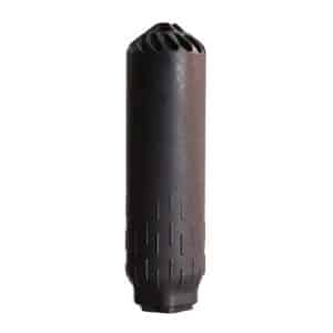 Black cylindrical suppressor-like firearm accessory with vented top and grooved body