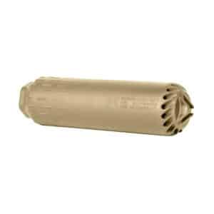 Beige cylindrical firearm suppressor (silencer) with vented muzzle end on a white background.